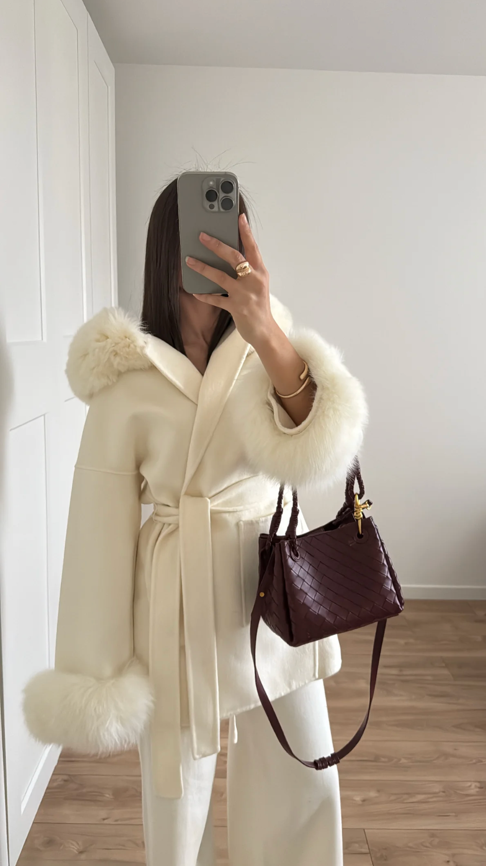SELMA Wool Belted Coat with Faux Fur