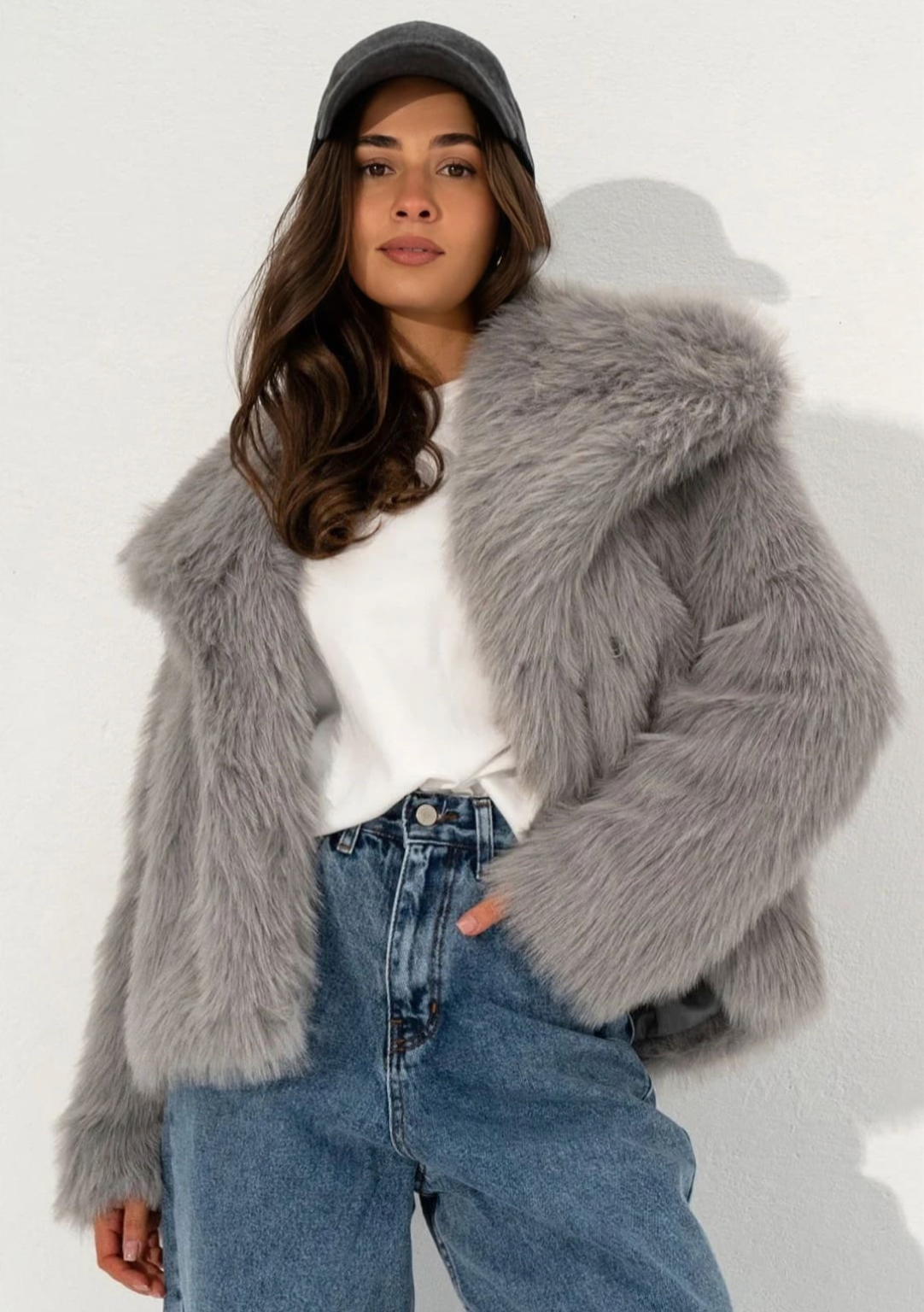 SOFIA Faux Fur Short Hooded Jacket - White