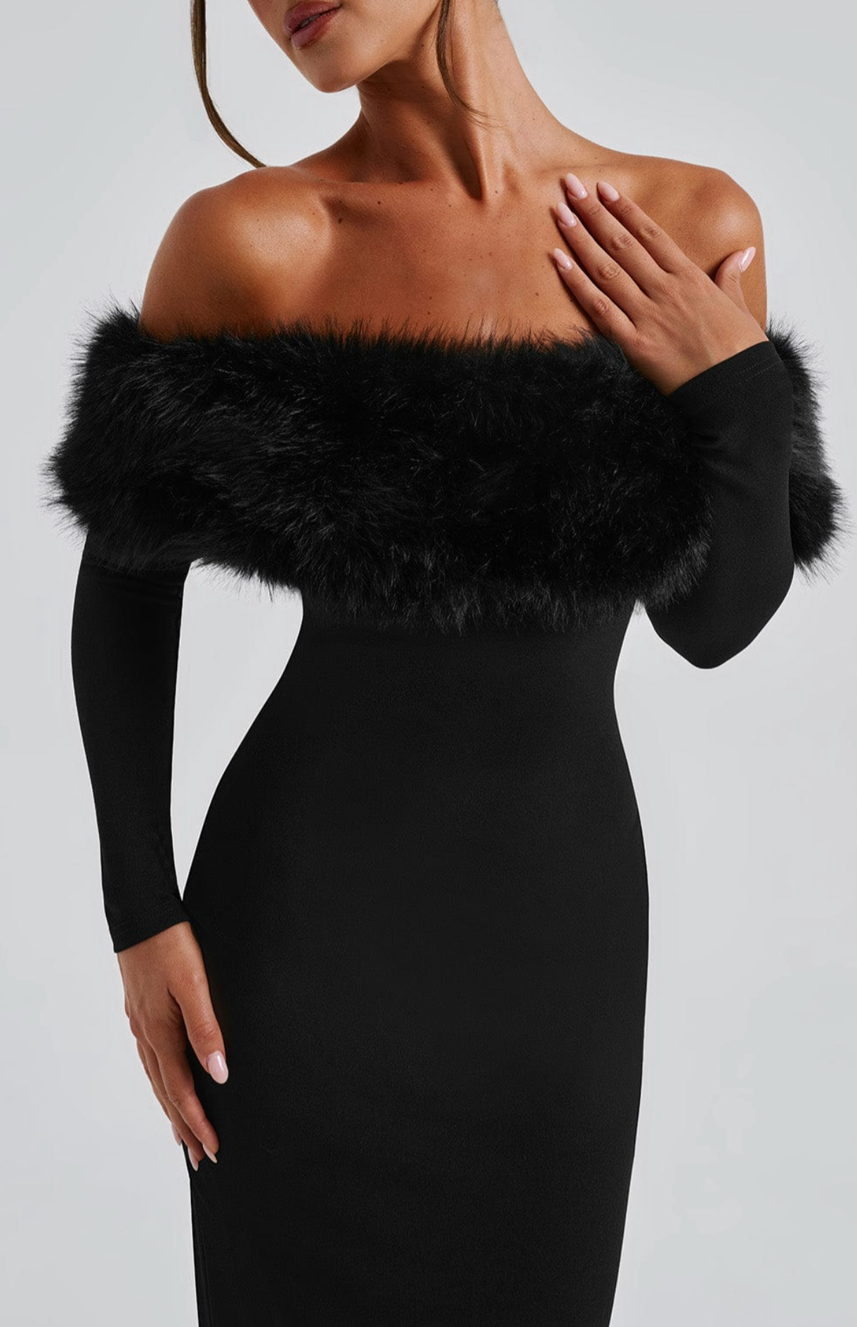 BRIDGET Off-Shoulder Faux Fur Midi Dress