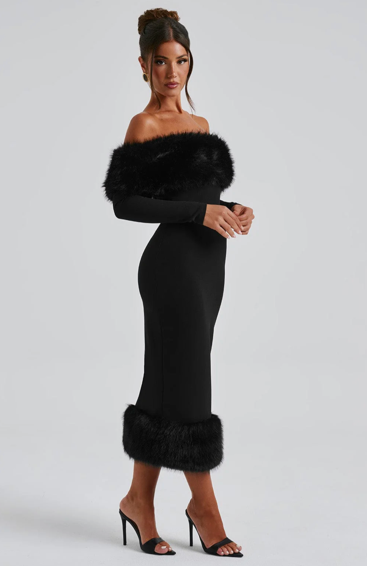 BRIDGET Off-Shoulder Faux Fur Midi Dress
