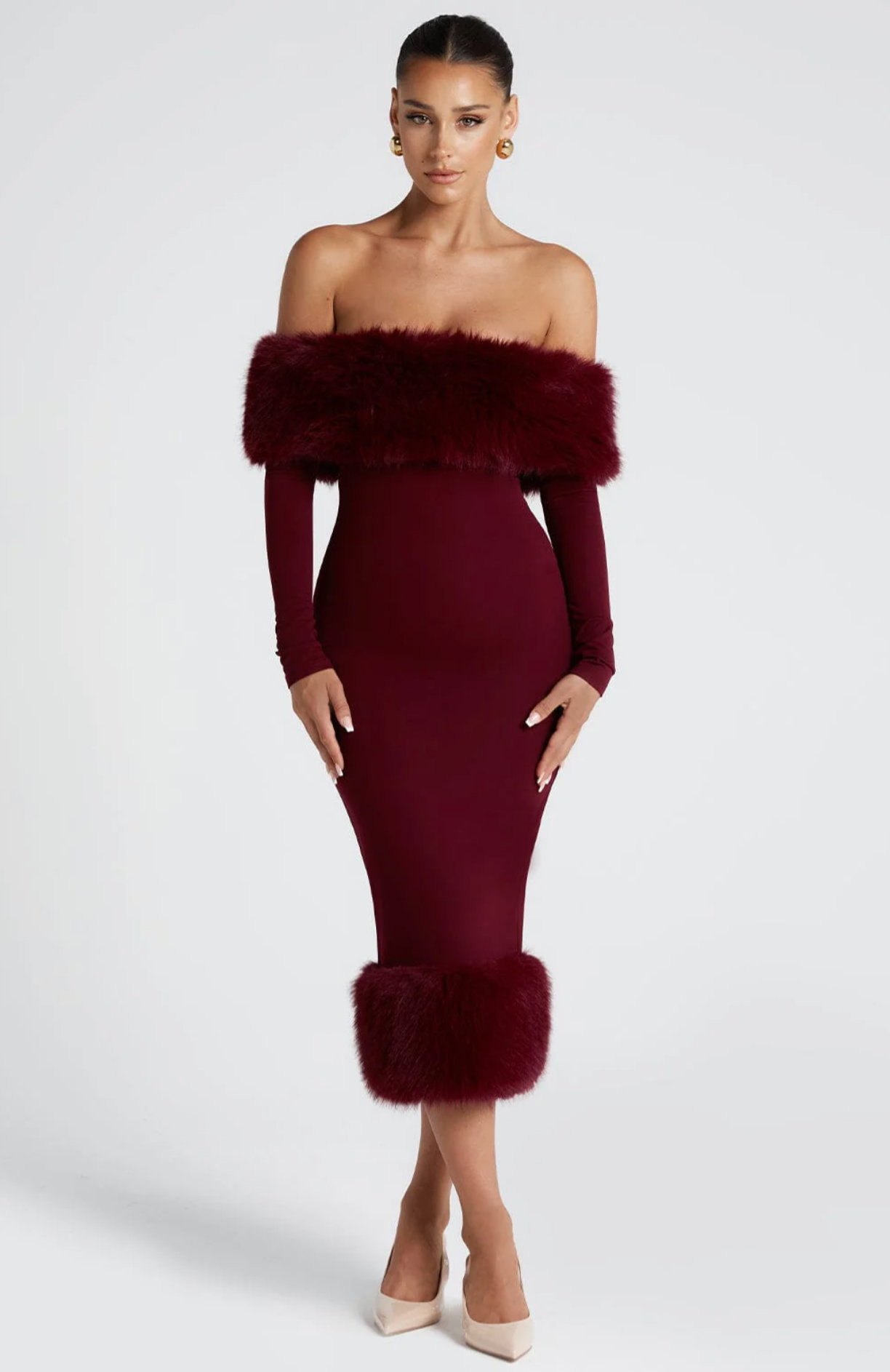 BRIDGET Off-Shoulder Faux Fur Midi Dress