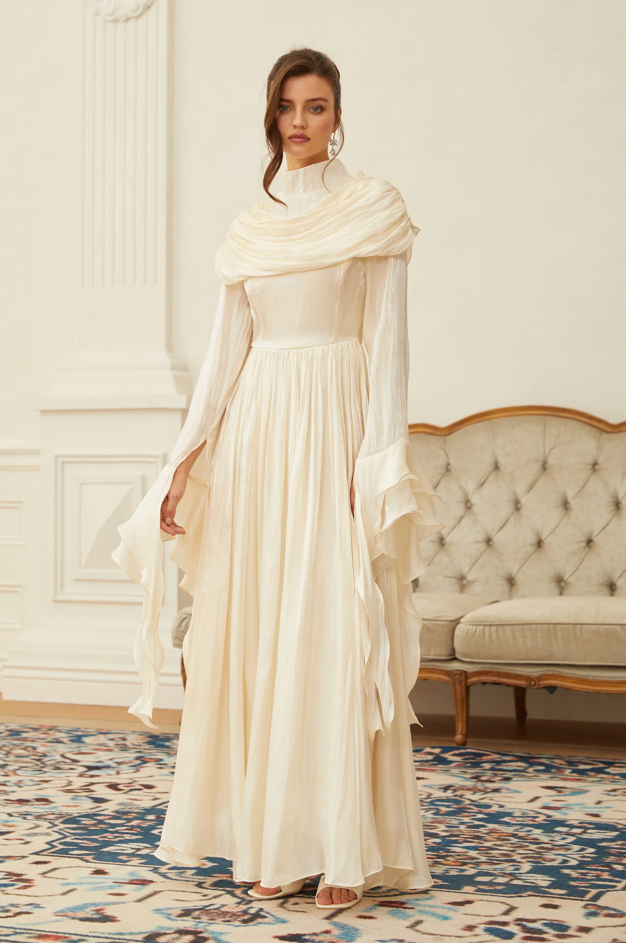 FATEEN Ruched Pleated Maxi Dress - Beige