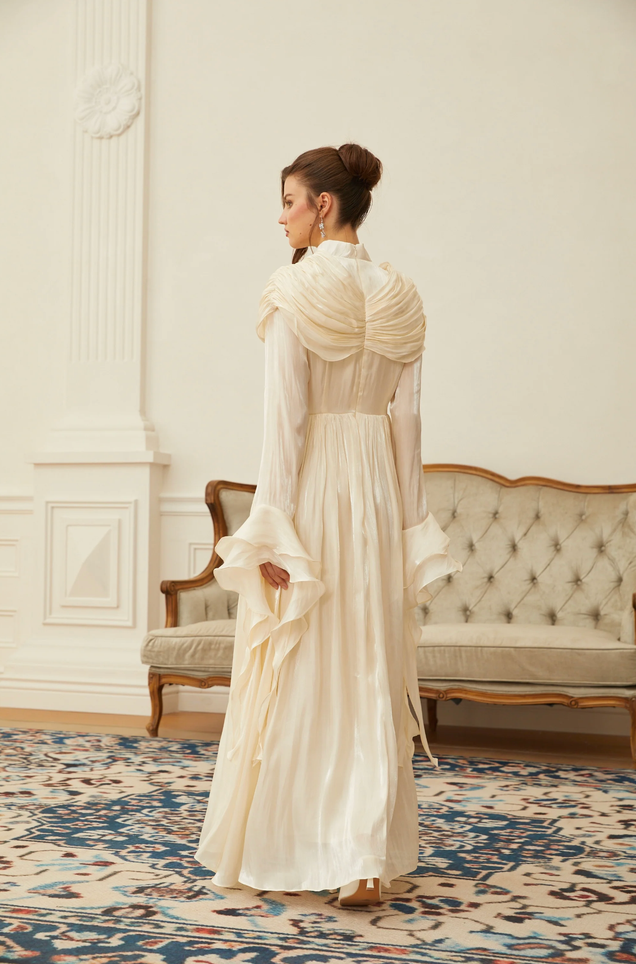 FATEEN Ruched Pleated Maxi Dress - Beige