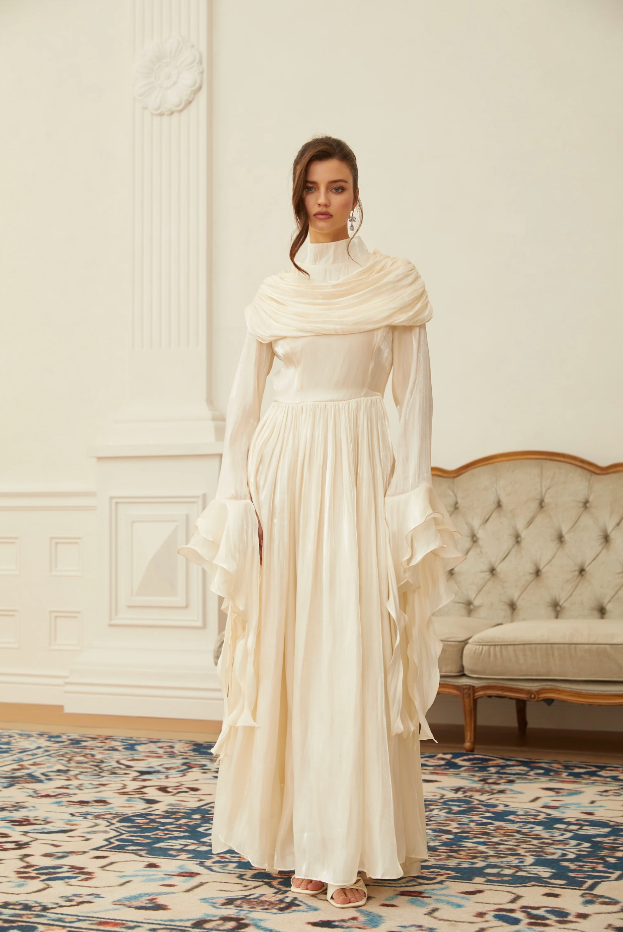 FATEEN Ruched Pleated Maxi Dress - Beige