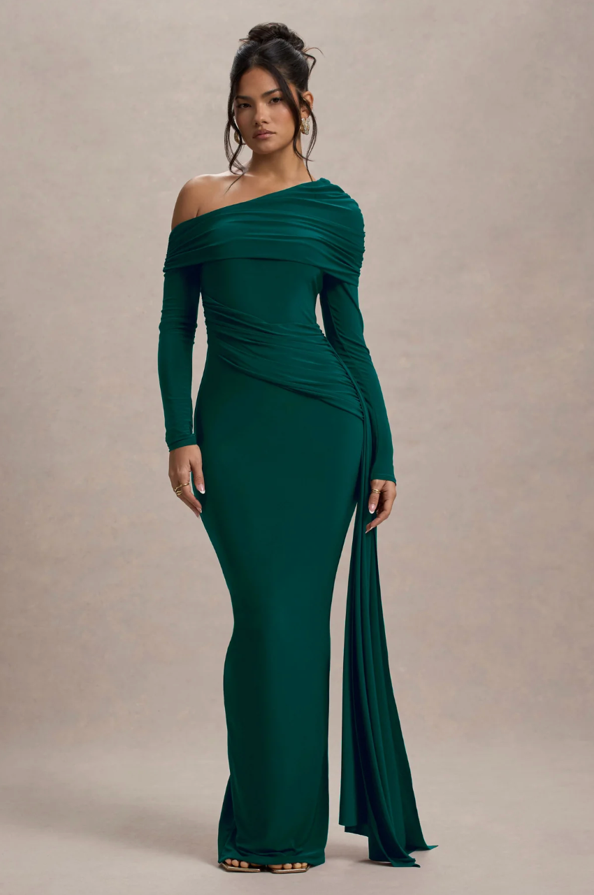 MALEEKA Off-Shoulder Draped Maxi Gown