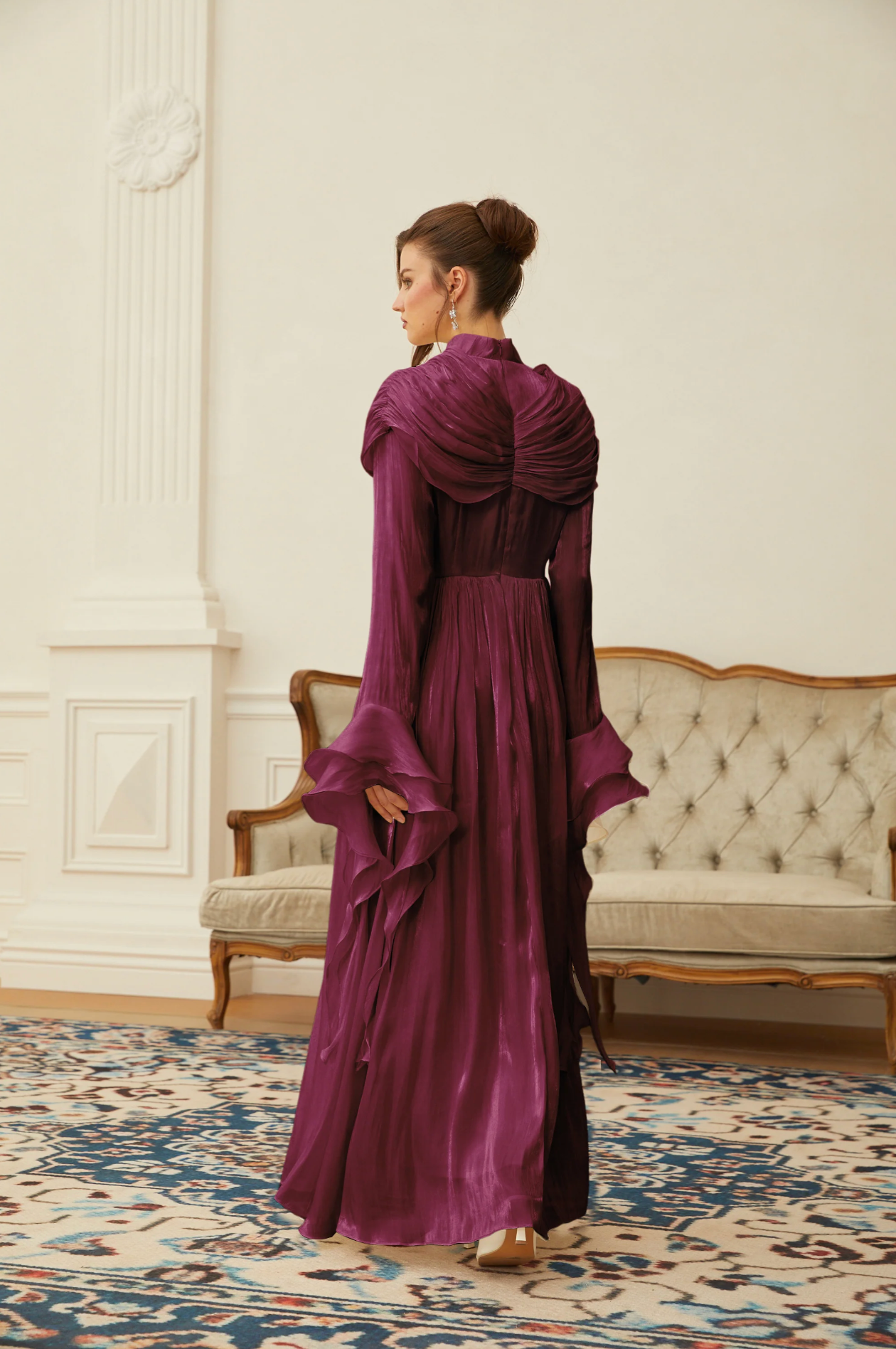 FATEEN Ruched Pleated Maxi Dress - Burgundy