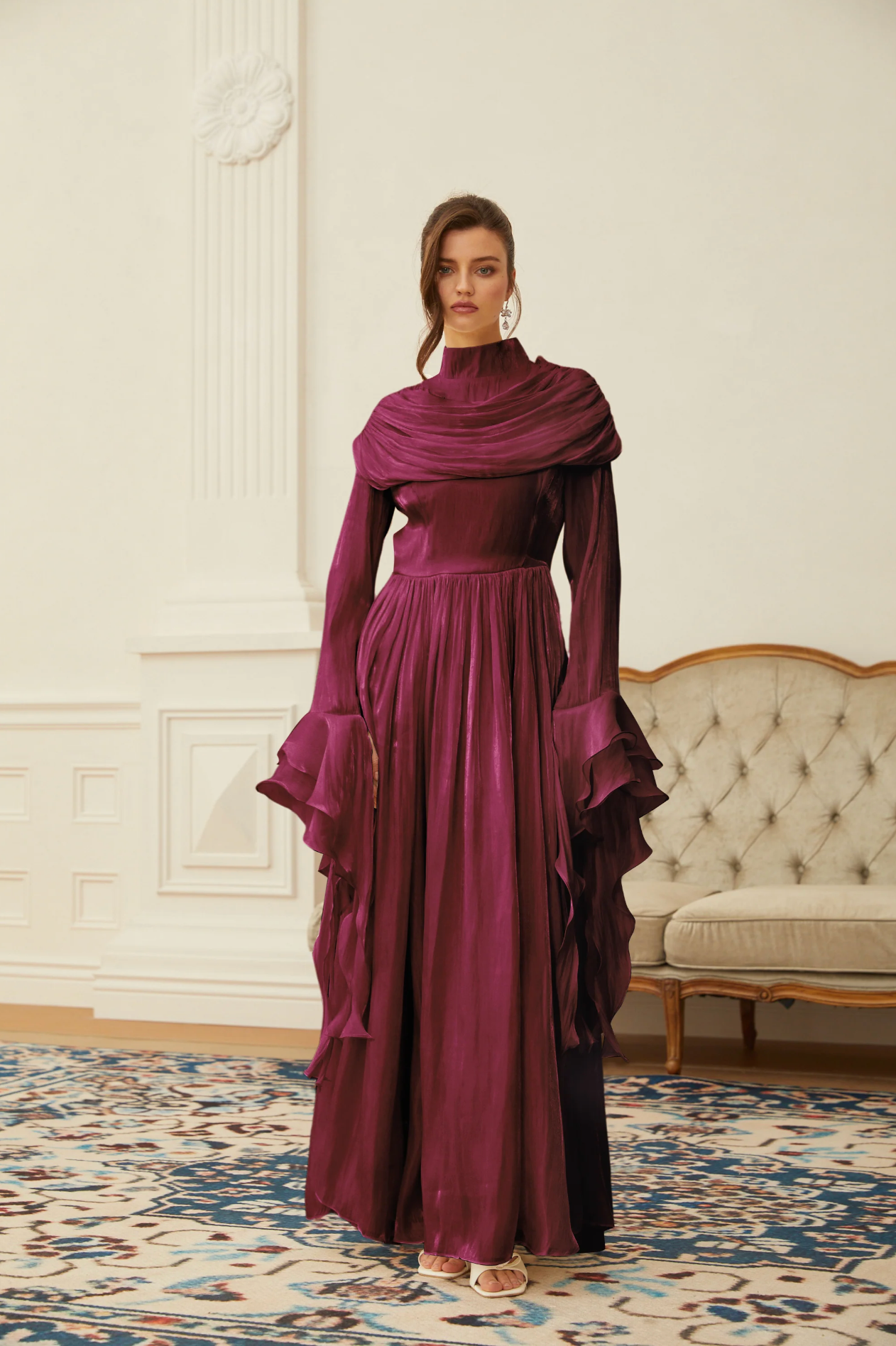 FATEEN Ruched Pleated Maxi Dress - Burgundy