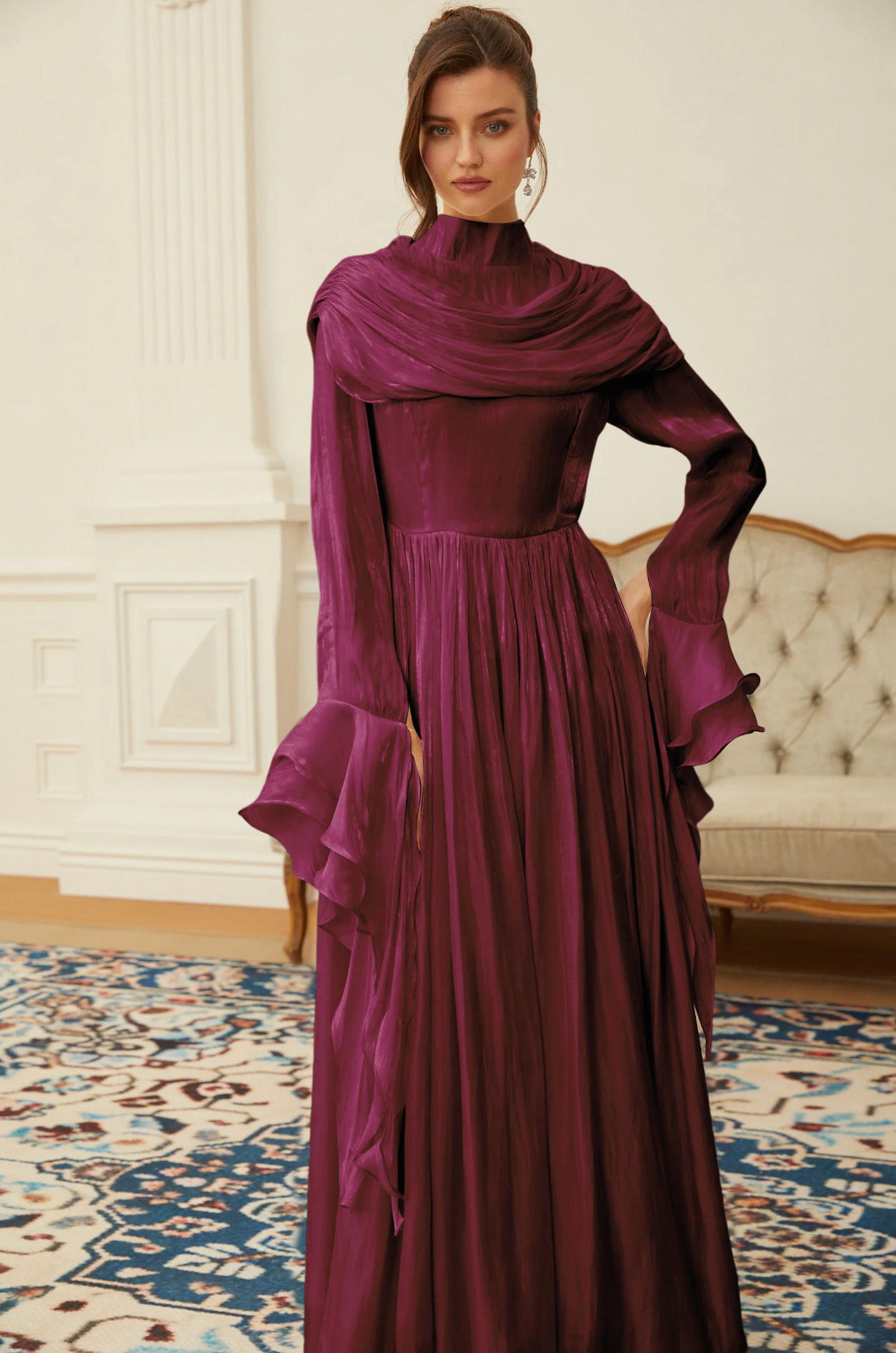 FATEEN Ruched Pleated Maxi Dress - Burgundy