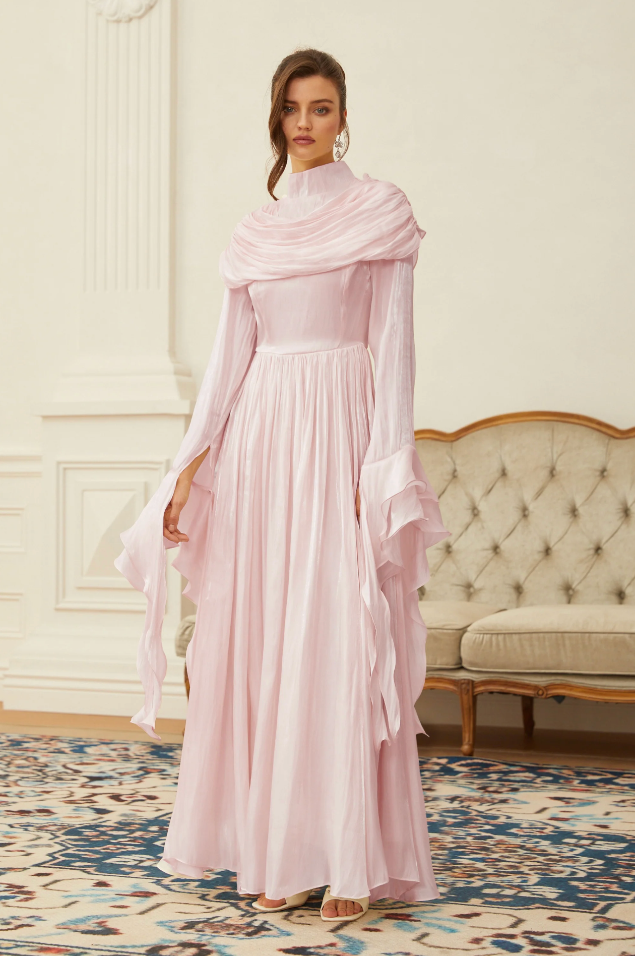 FATEEN Ruched Pleated Maxi Dress - Baby Pink