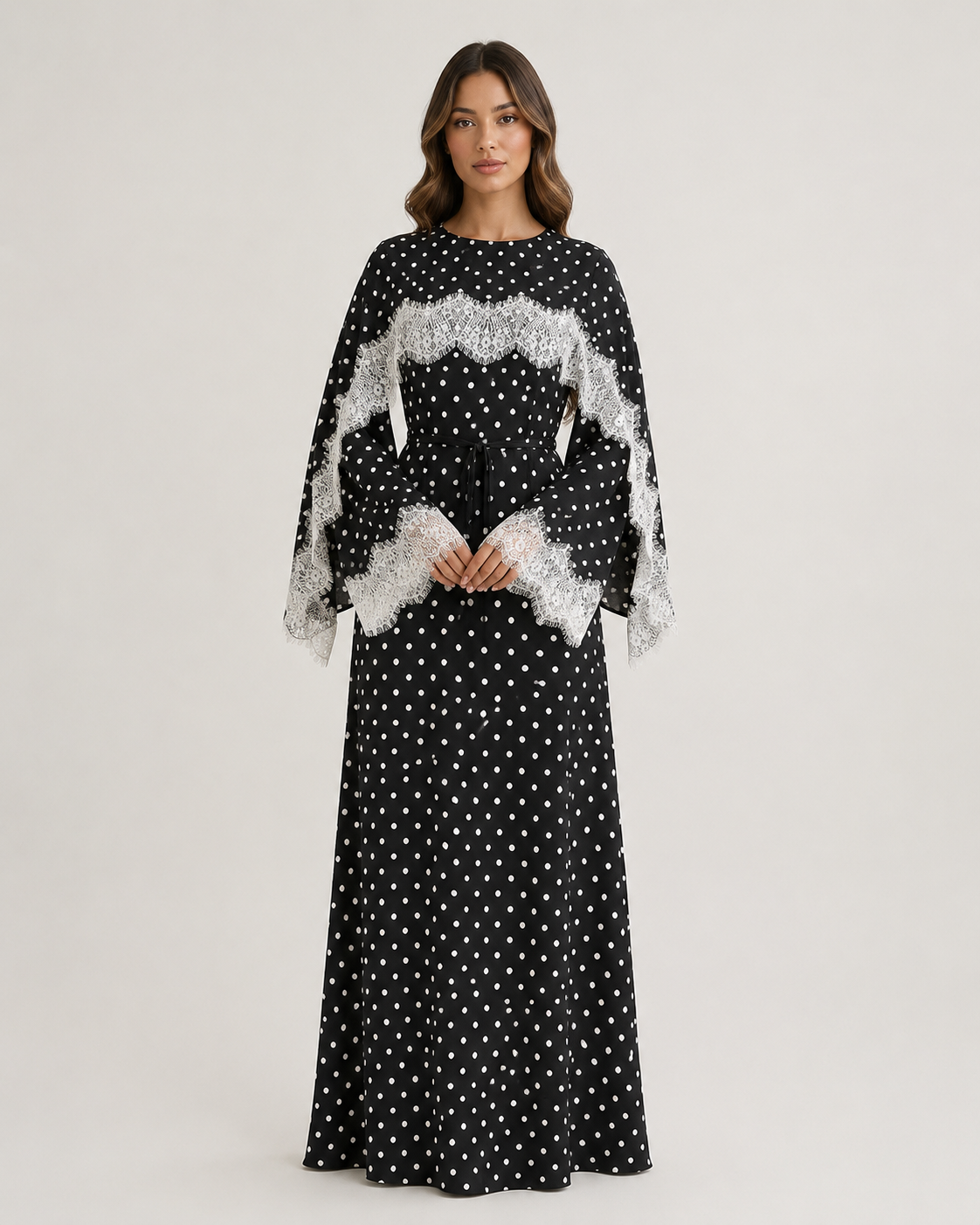 NAZLI Black Polka Dot Lace Maxi Dress