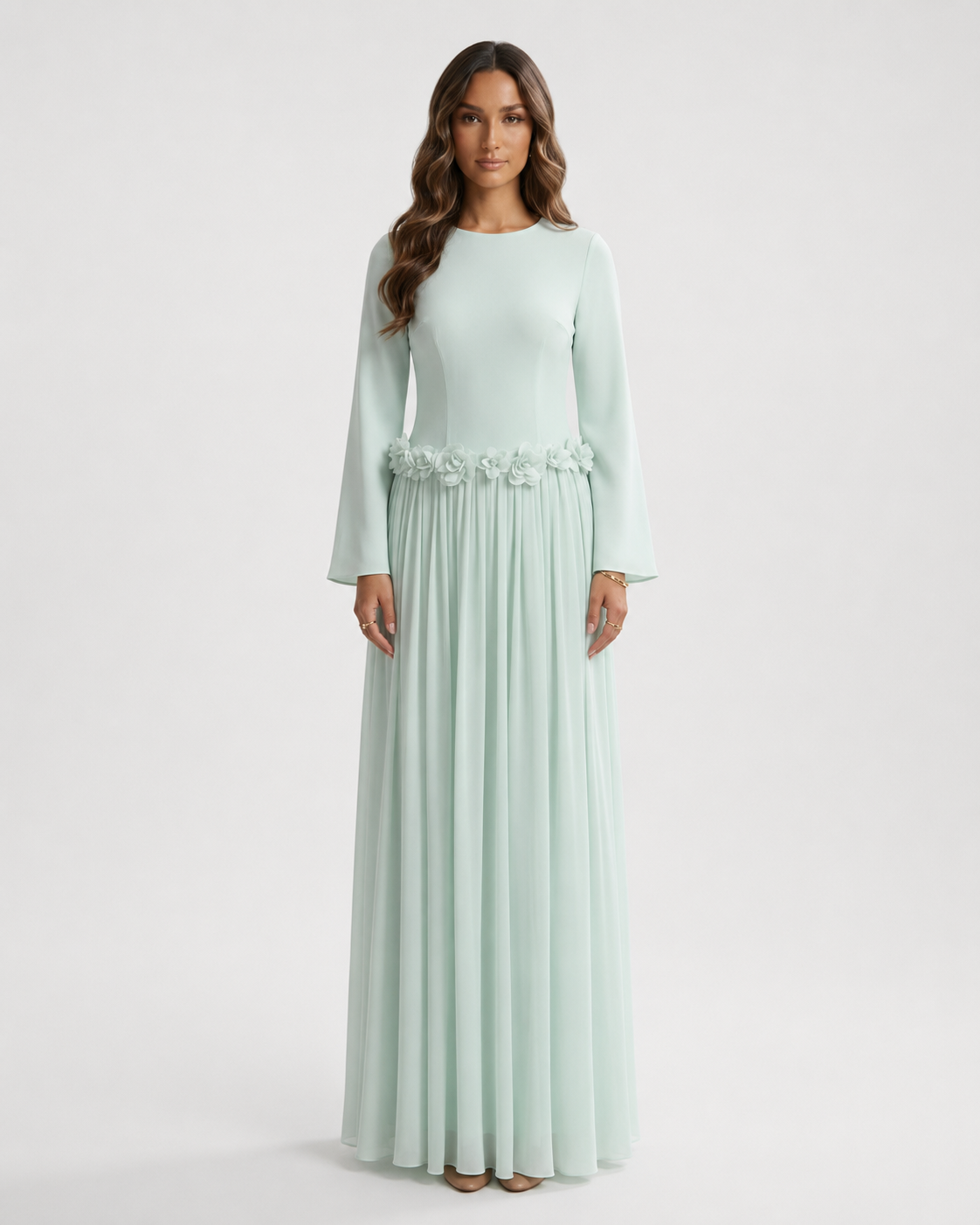 ZEEYNAH Floral Waist Dress - Sage green