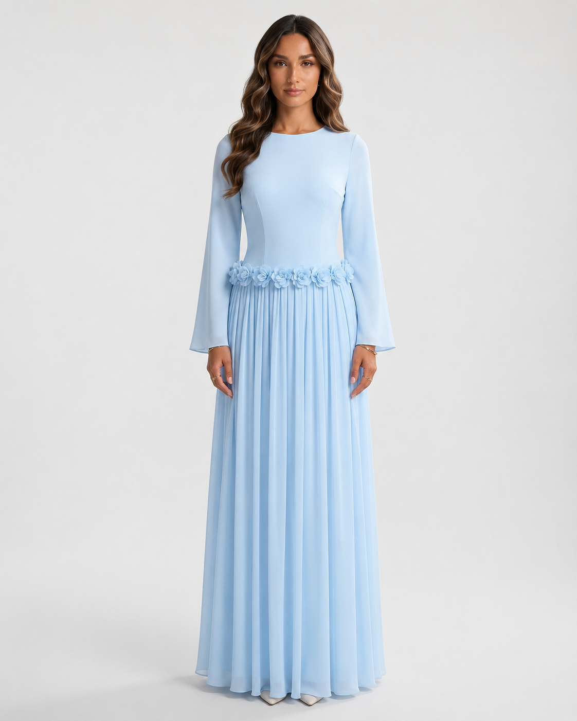 ZEEYNAH Floral Waist Dress - Baby blue