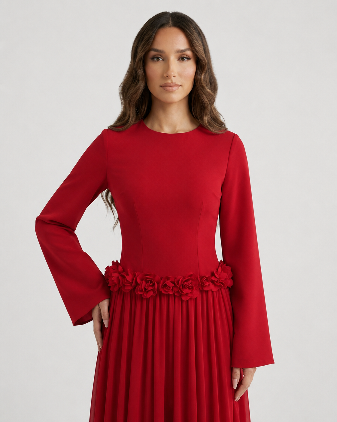 ZEEYNAH Floral Waist Dress - Red