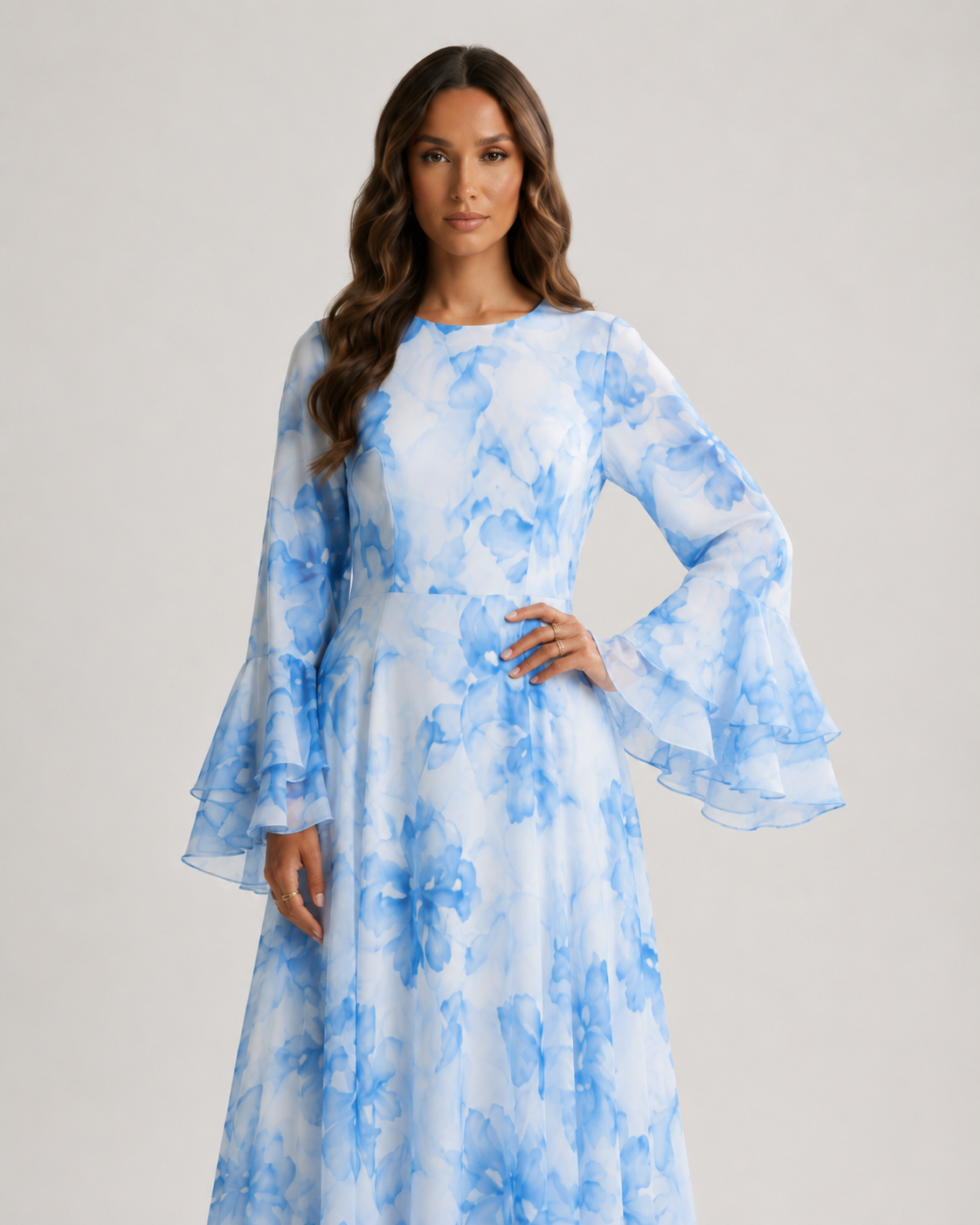 ZEEYNAH Floral Waist Dress - White
