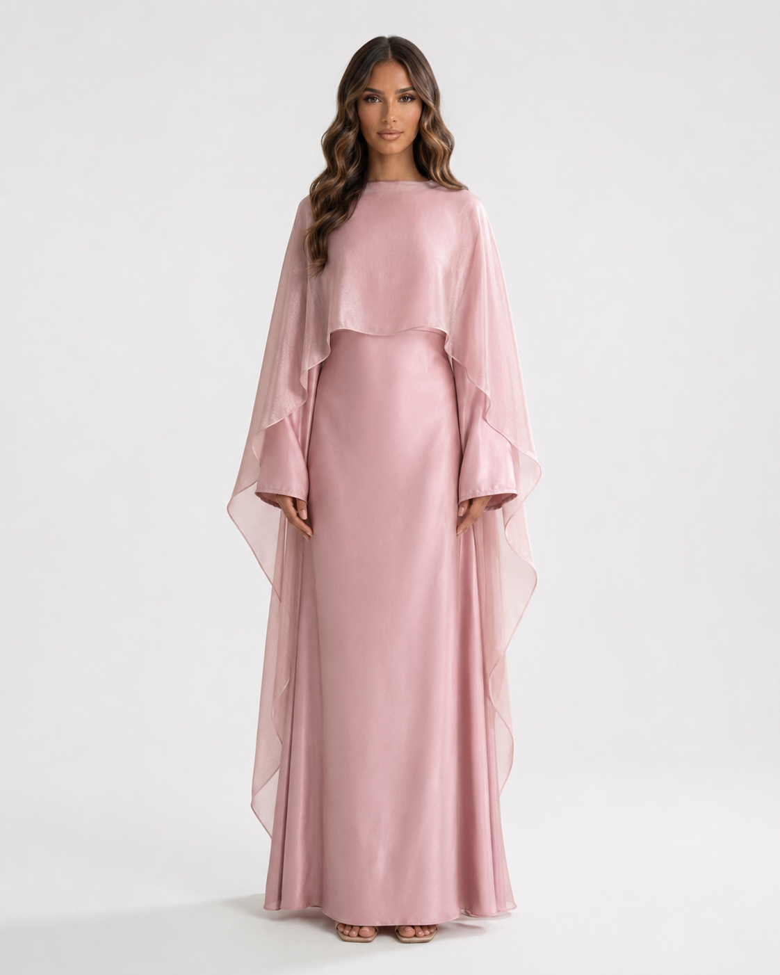 Ameera Cape Maxi Dress in blush pink with sheer shimmering overlay