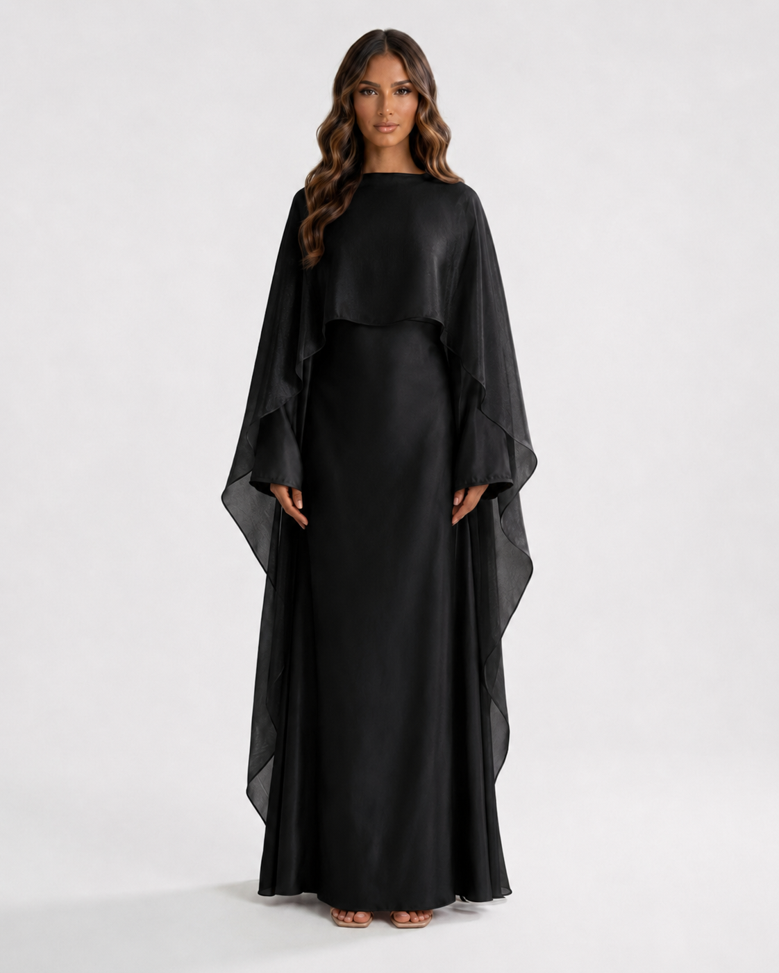 Ameera Cape Maxi Dress in black for formal occasions