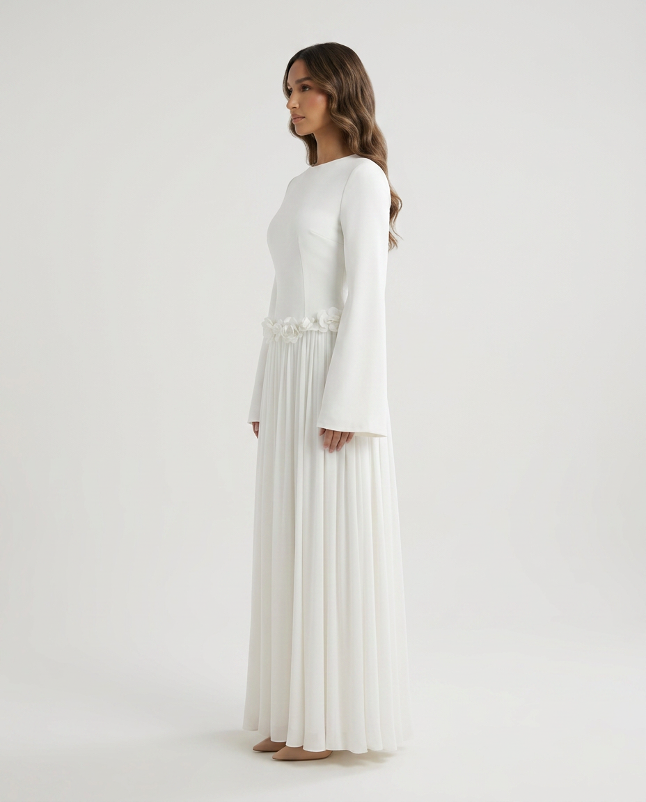 ZEEYNAH Floral Waist Dress - White