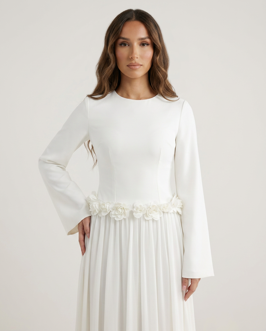 ZEEYNAH Floral Waist Dress - White