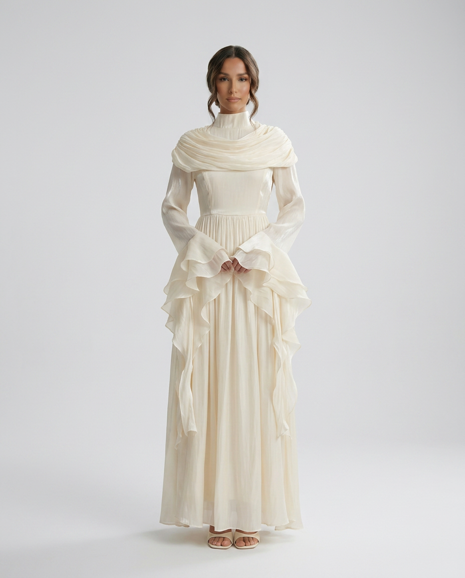 FATEEN Ruched Pleated Maxi Dress - Beige