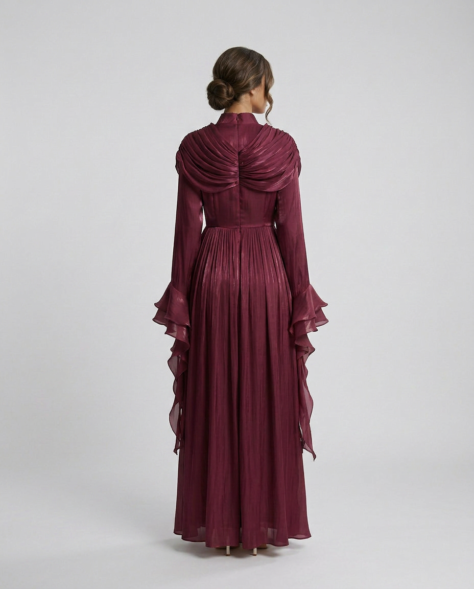 FATEEN Ruched Pleated Maxi Dress - Burgundy
