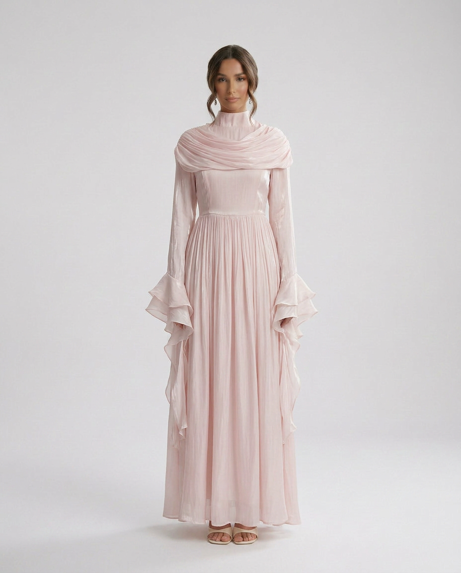FATEEN Ruched Pleated Maxi Dress - Baby Pink