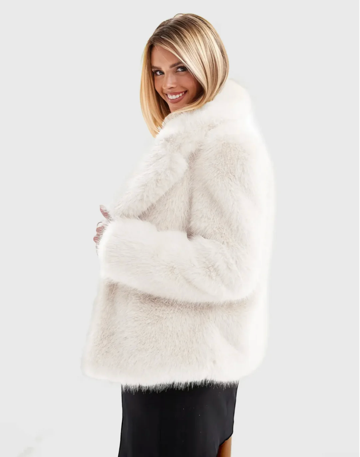 SOFIA Faux Fur Short Hooded Jacket - White