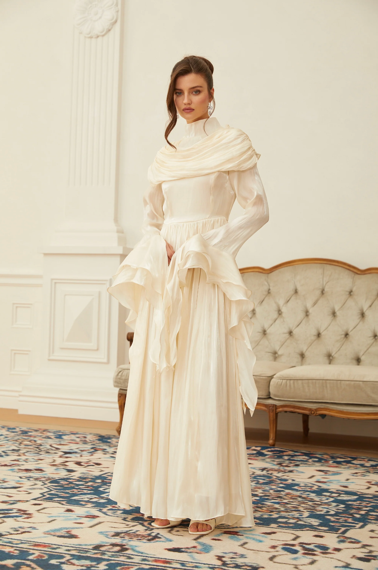 FATEEN Ruched Pleated Maxi Dress - Beige