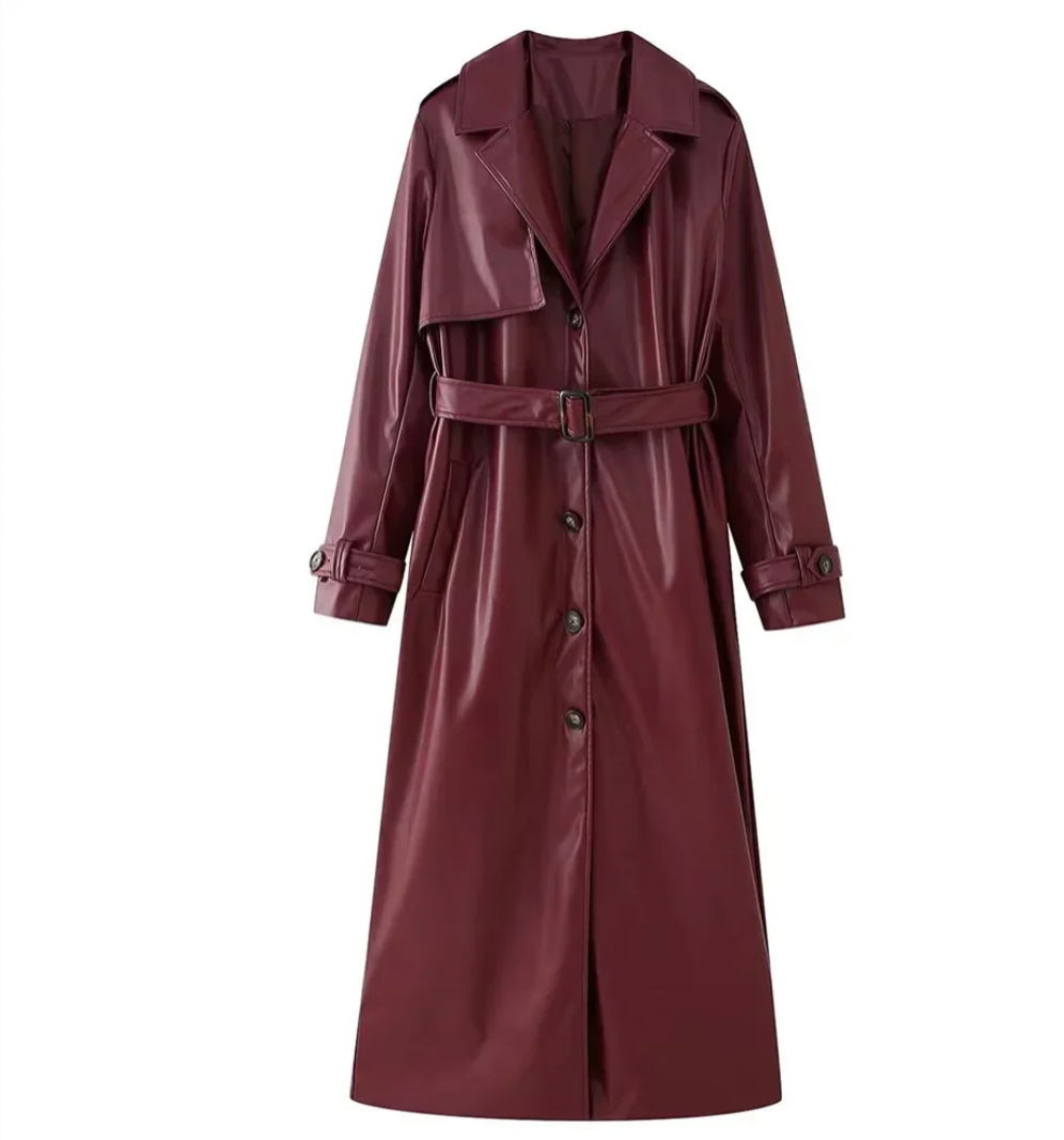 SOREN  Bordeaux Faux Leather Trench Coat