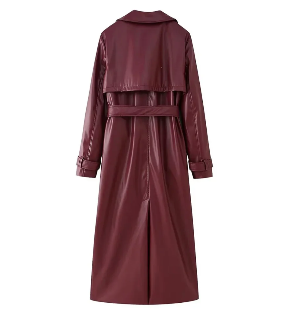 SOREN  Bordeaux Faux Leather Trench Coat