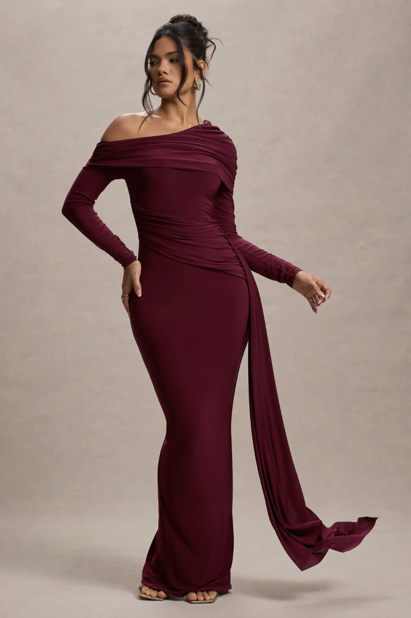 MALEEKA Off-Shoulder Draped Maxi Gown