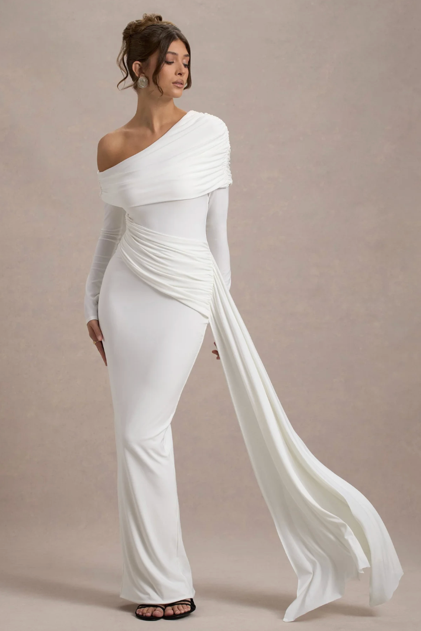 MALEEKA Off-Shoulder Draped Maxi Gown