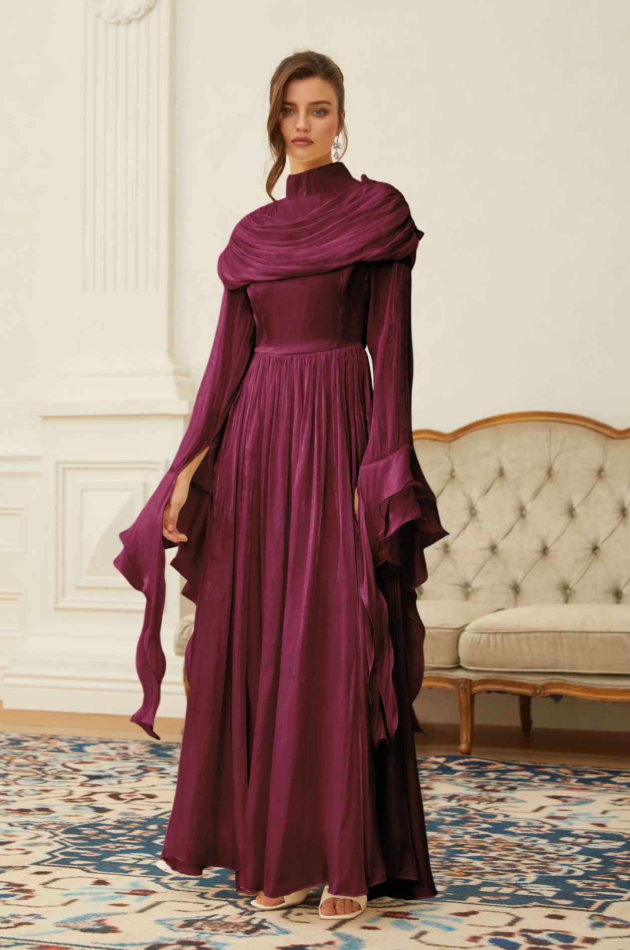 FATEEN Ruched Pleated Maxi Dress - Burgundy