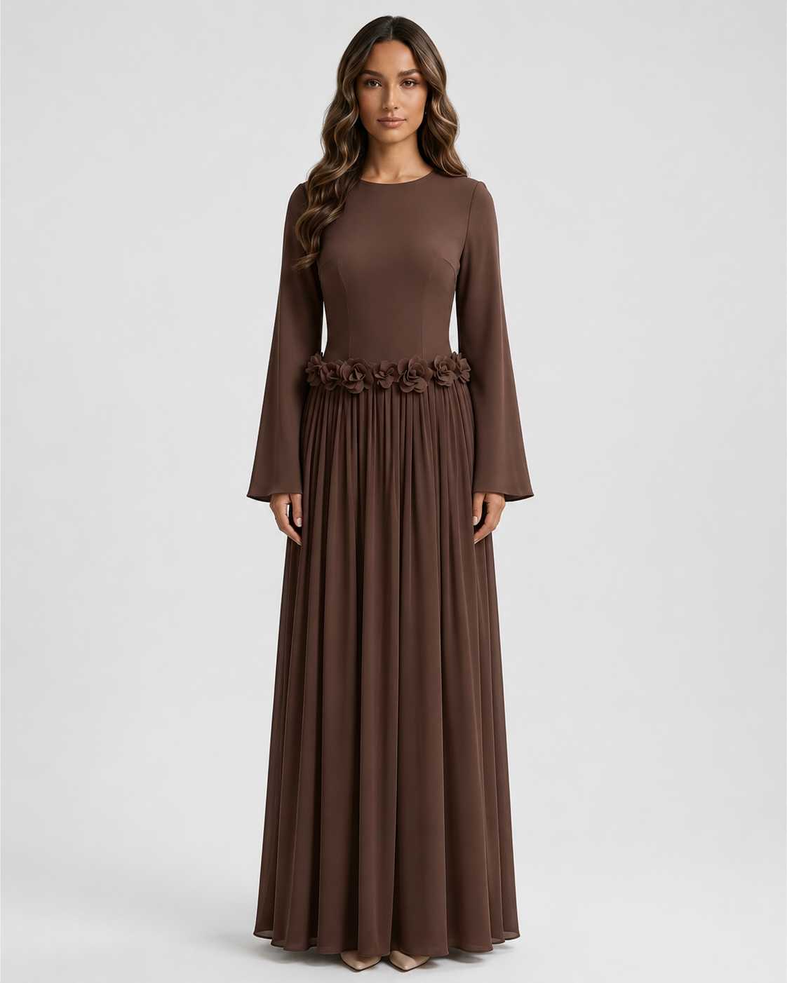 ZEEYNAH Floral Waist Dress - Brown