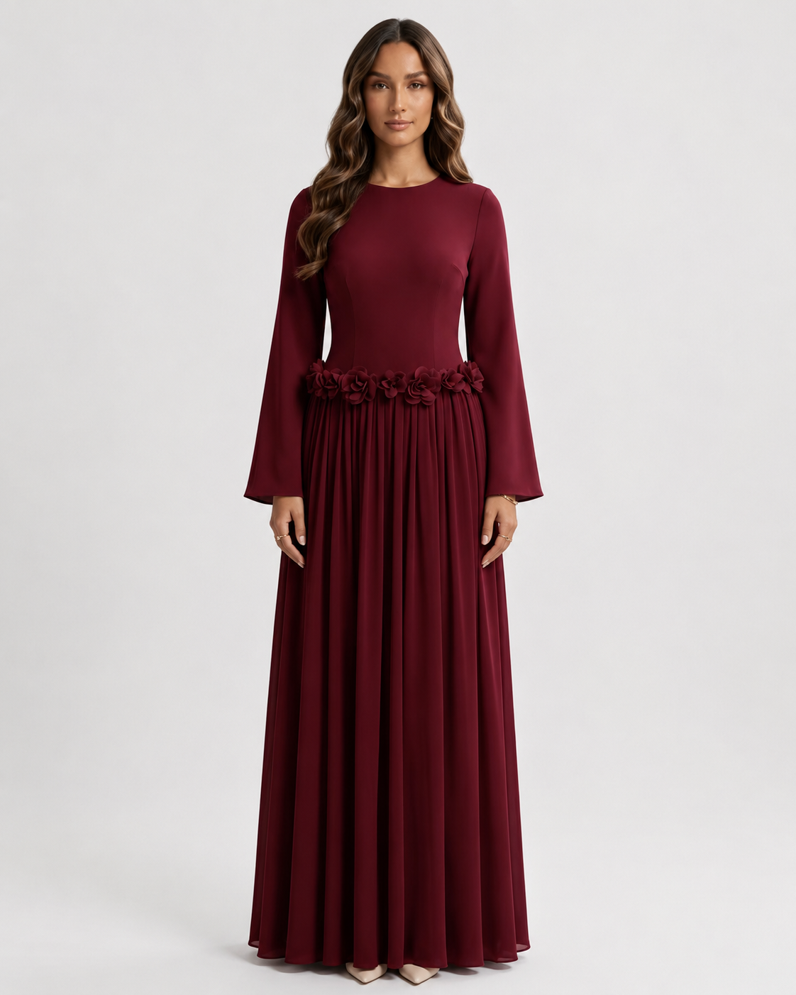 ZEEYNAH Floral Waist Dress - Wine