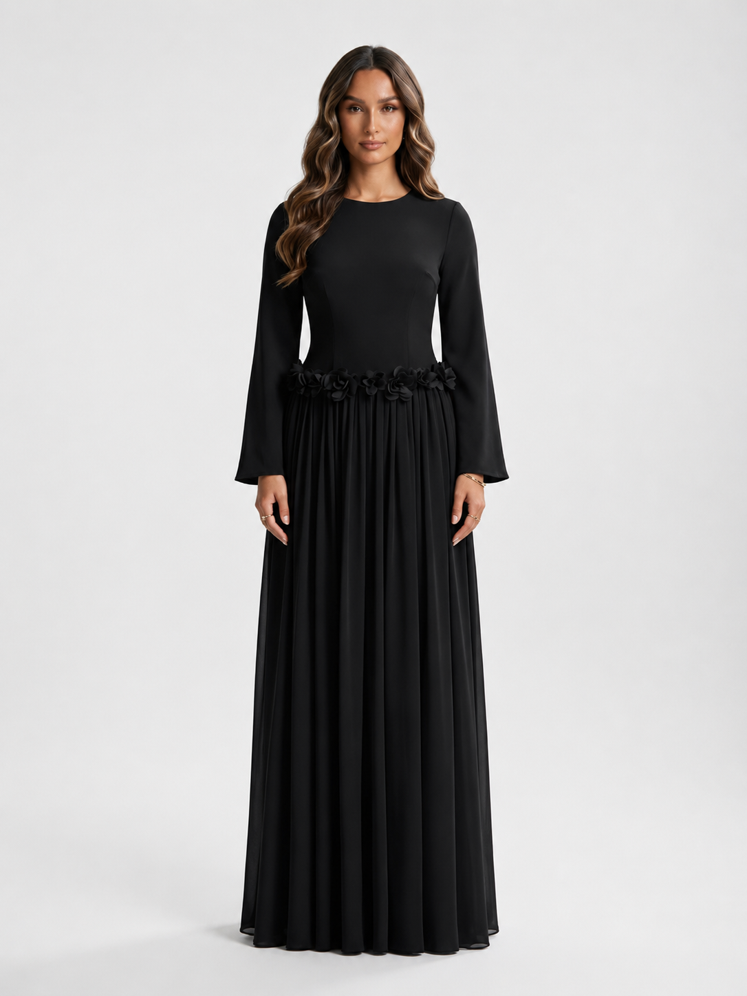 ZEEYNAH Floral Waist Dress - Black