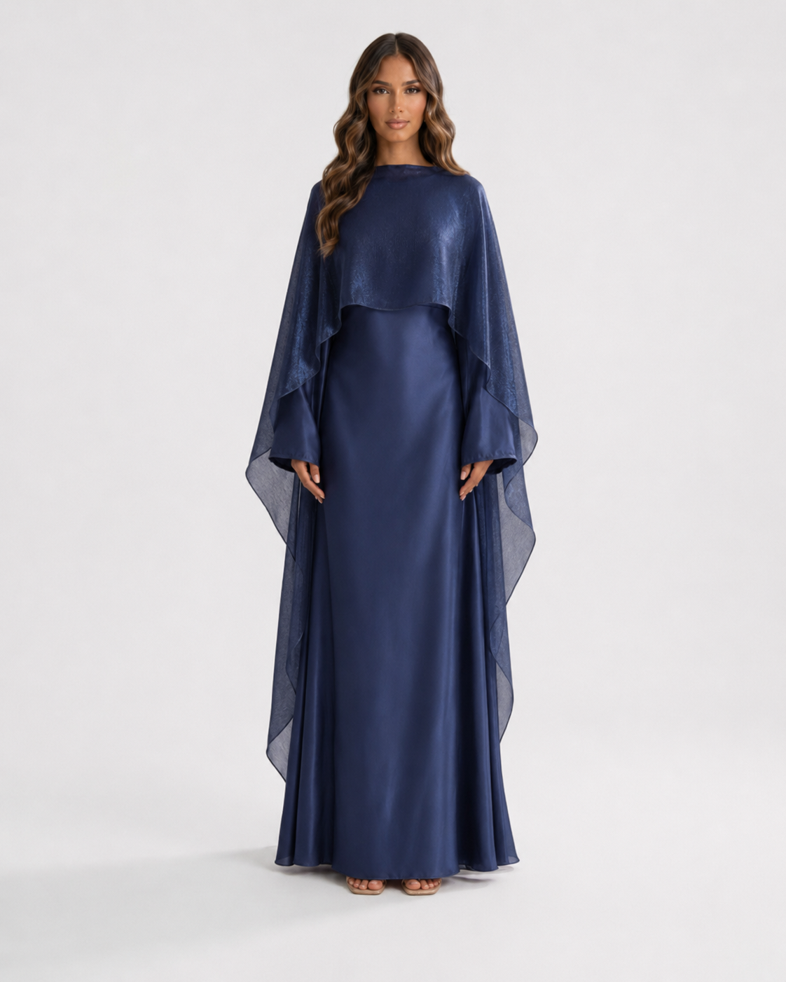 Long sleeve cape maxi dress with satin-effect finish