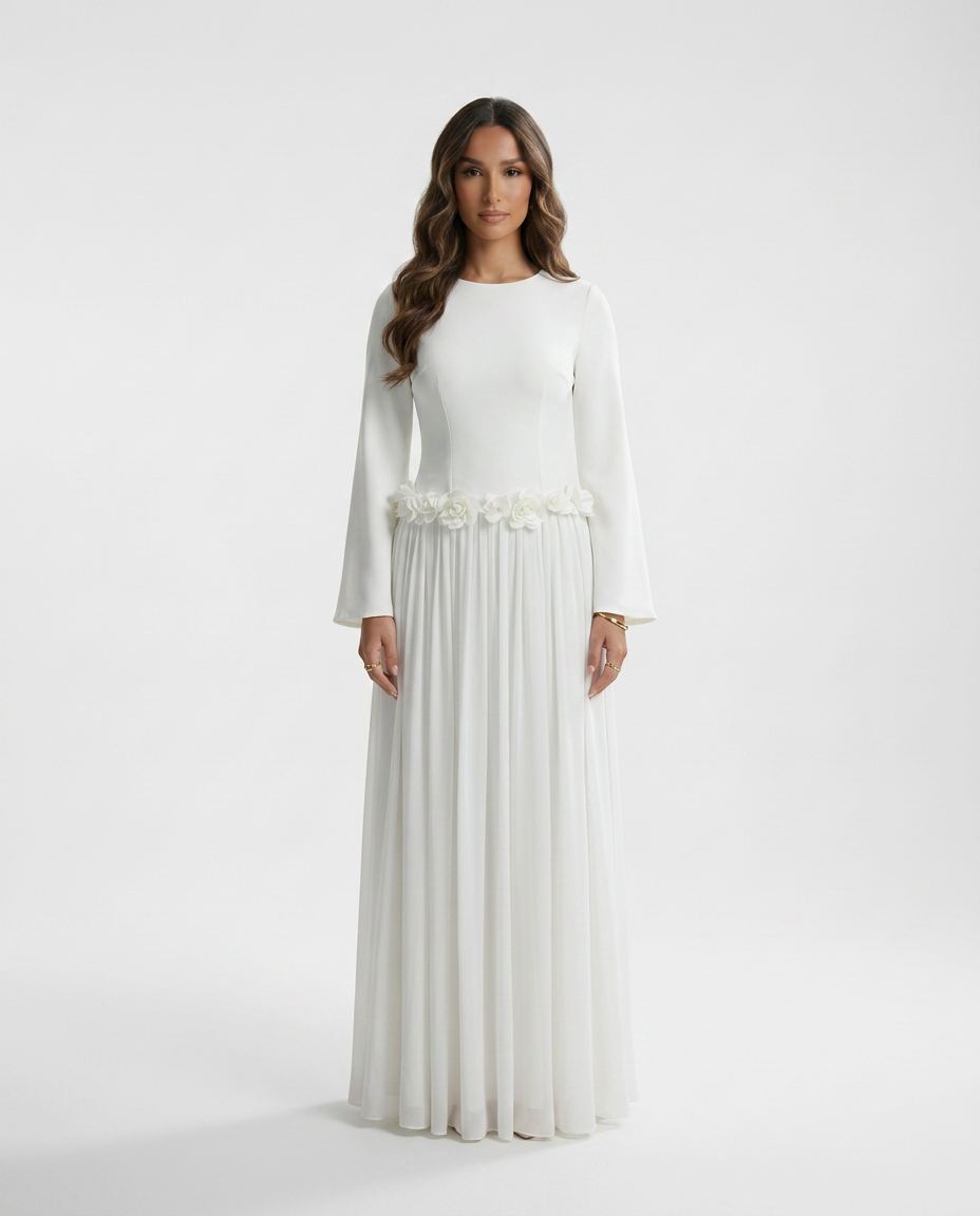 ZEEYNAH Floral Waist Dress - White