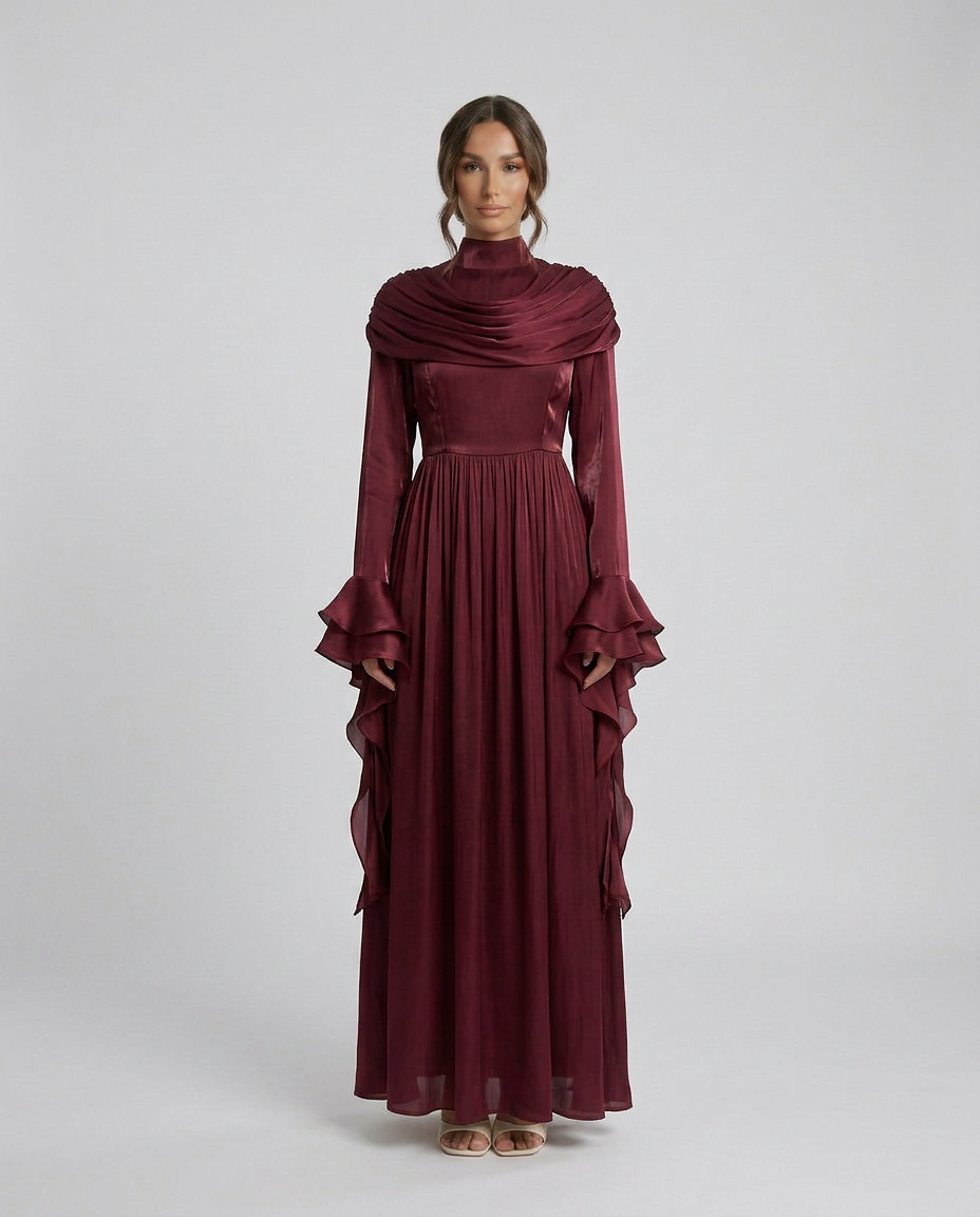 FATEEN Ruched Pleated Maxi Dress - Burgundy