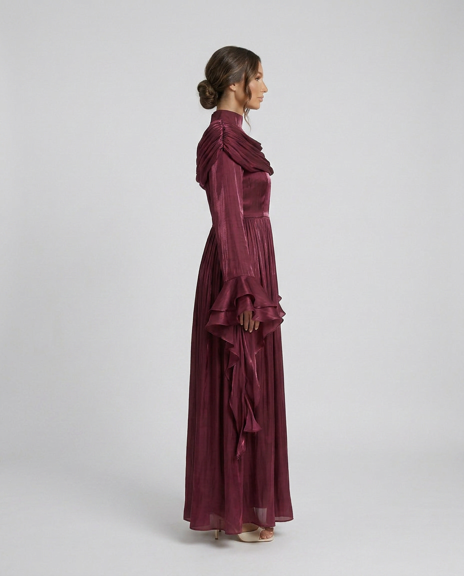 FATEEN Ruched Pleated Maxi Dress - Burgundy